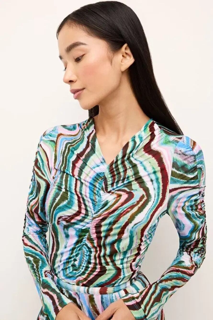 Marie Oliver Blue Red Green Swirl Cinched Rouched Brodie Top Silky Abstract XS